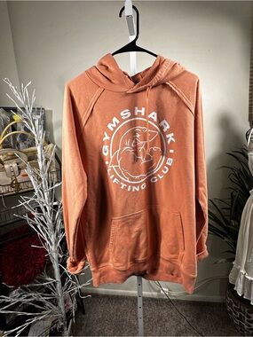 S190. Gymshark Men's Rust Orange Zip-Up Hoodie - Lifting Club Logo
